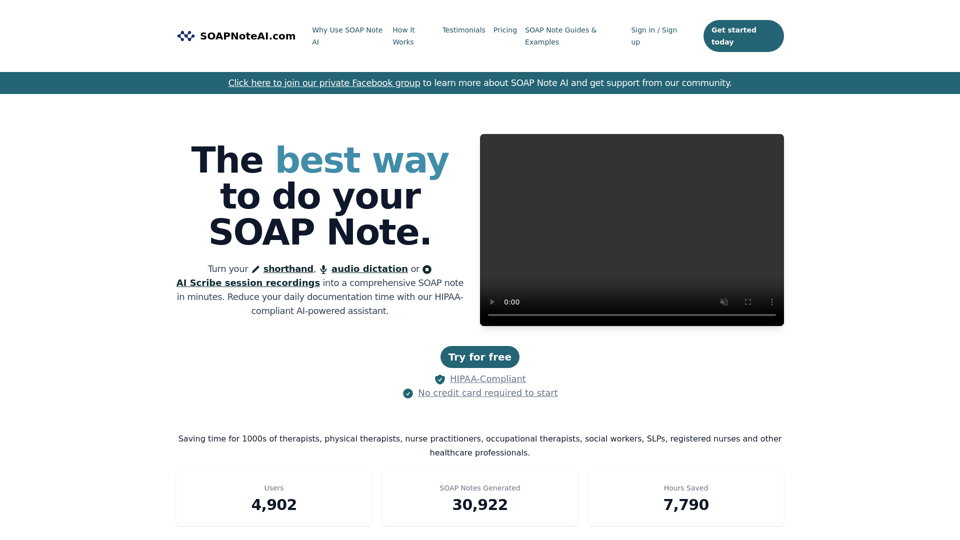 SOAP Note AI | Generate HIPAA Compliant, Fast, Efficient, AI-Assisted SOAP Note and Progress Note for Physical Therapy, Occupational Therapy, Nursing, Mental Health, SLP, Dentistry, Podiatry, Massage, Acupuncture, Chiropractic, Veterinary, Pharmacy