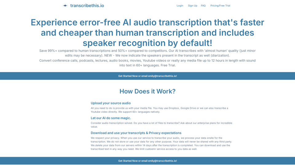 Experience error-free AI audio transcription that's faster and cheaper than human transcription and includes speaker recognition by default! | transcribethis.io