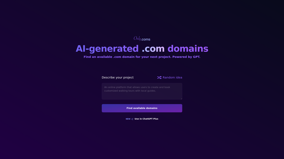 AI-generated .com domains for your next project - OnlyComs