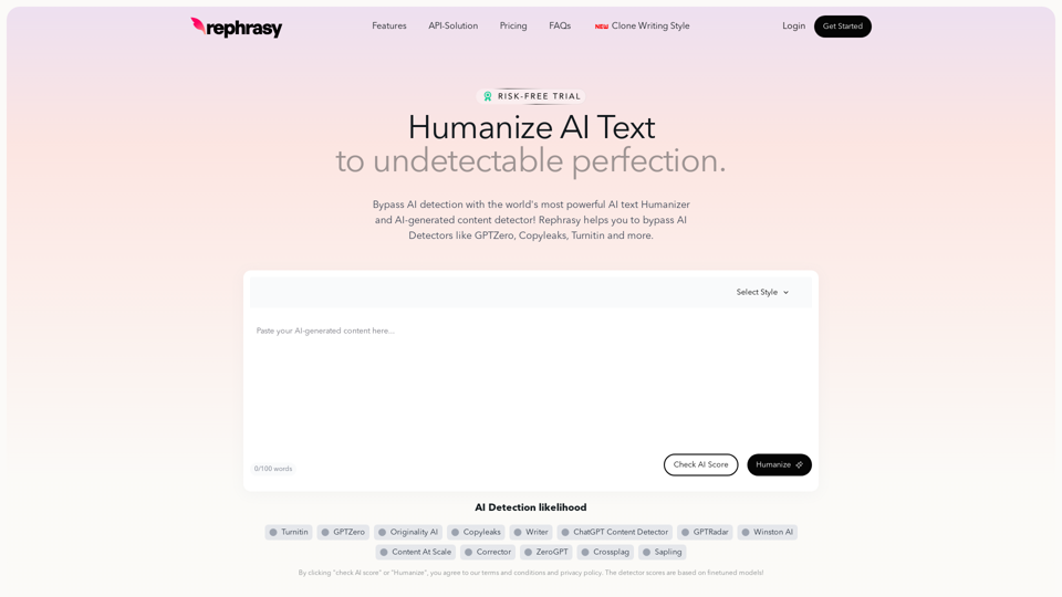 AI humanizer and built-in detector - 100% Passrate – Rephrasy