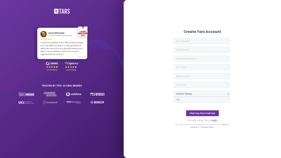 TARS Admin Login Page | Increase Conversion Rates with Conversational Landing Pages for Google Ads - Tars