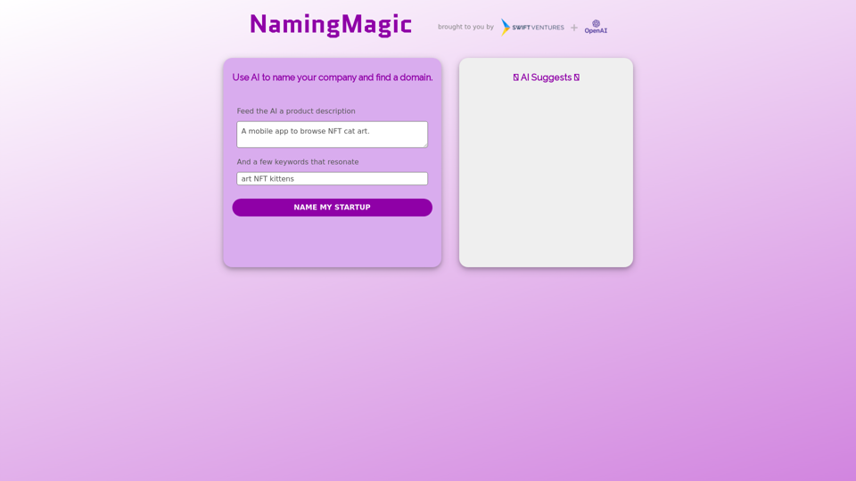 Naming Magic - Use AI to name your company and find an available domain.