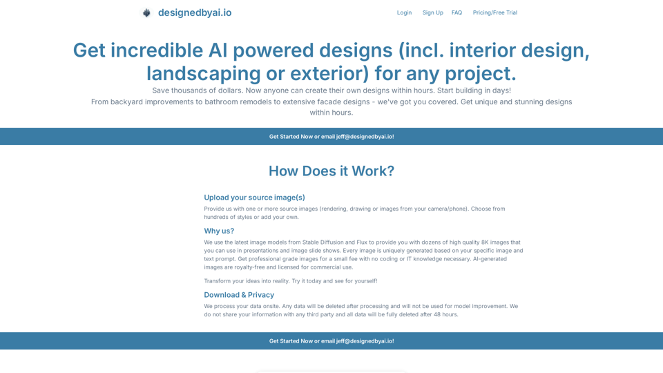 Get incredible AI powered designs (incl. interior design, landscaping or exterior) for any project. | designedbyai.io